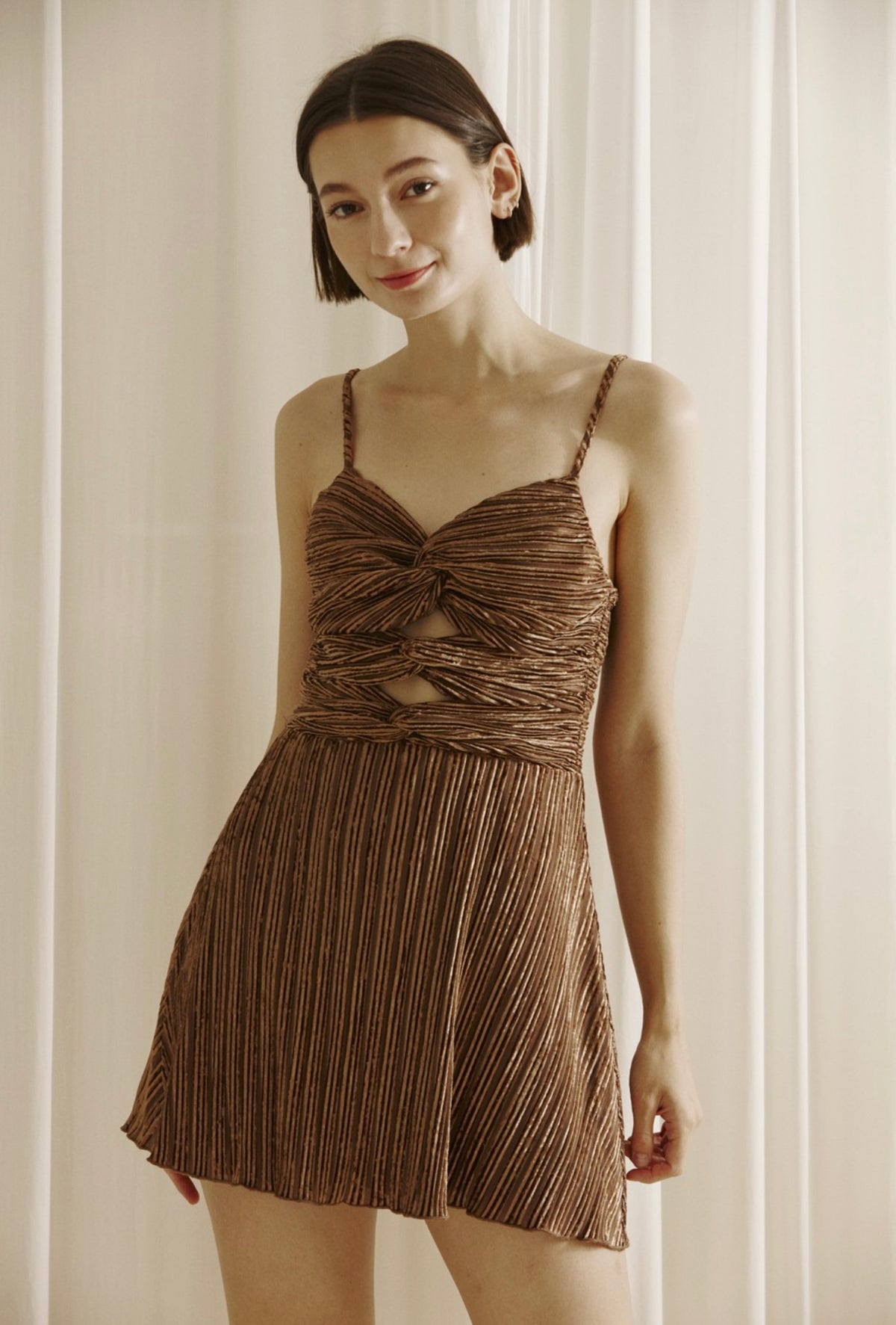 Brown Metallic Pleated Mini Dress