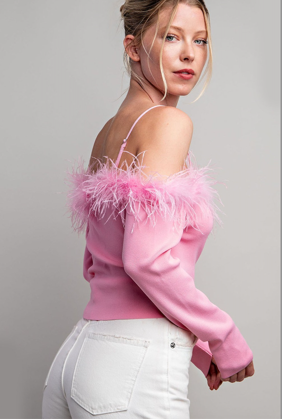 Ostrich Feathers Trimmed Off Shoulder Top in Baby Pink - Ivan