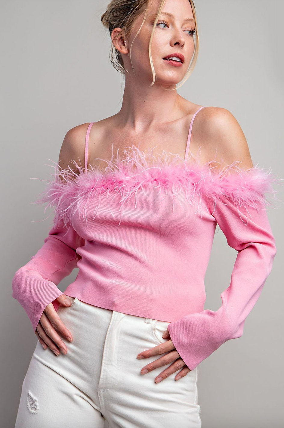 Tops, Baby Pink Off Shoulder Feather Trim Top