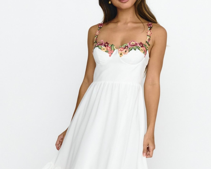 White Floral Trim Tiered Dress