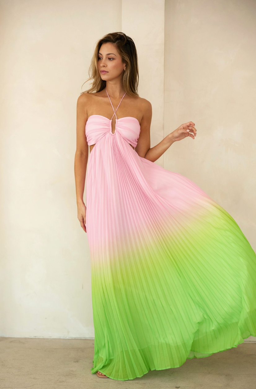 Lime Green Pink Pleated Dress