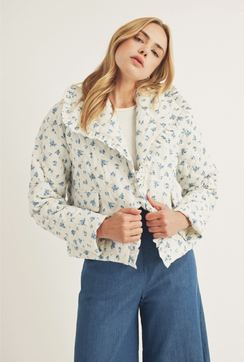 Blue Rose Print Quilted Puff Jacket