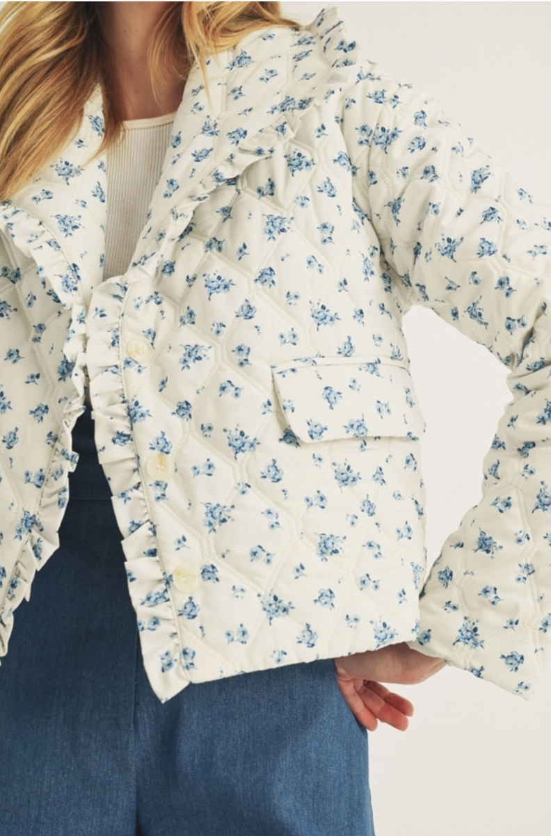 Blue Rose Print Quilted Puff Jacket