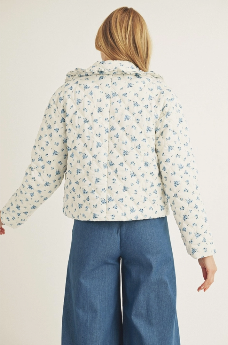 Blue Rose Print Quilted Puff Jacket