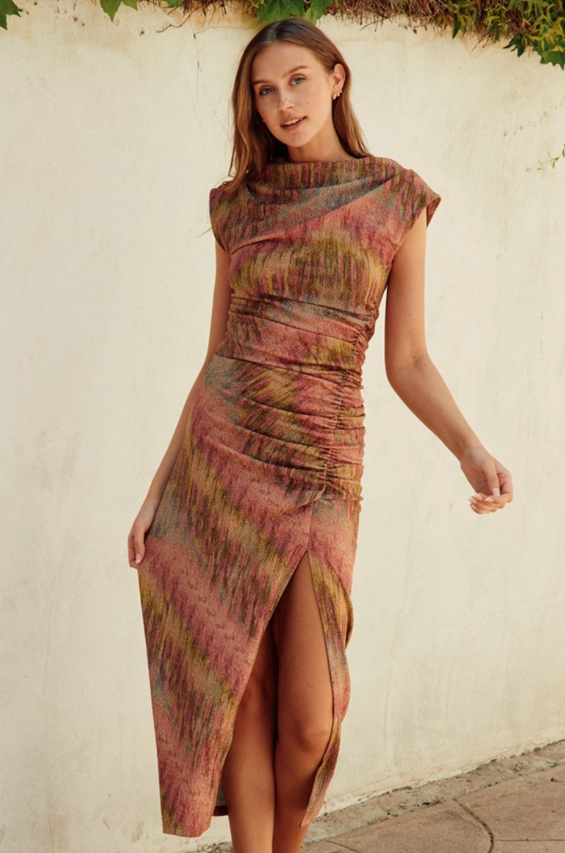 Shimmering Tie Dye Mock Neck Midi Slit Dress