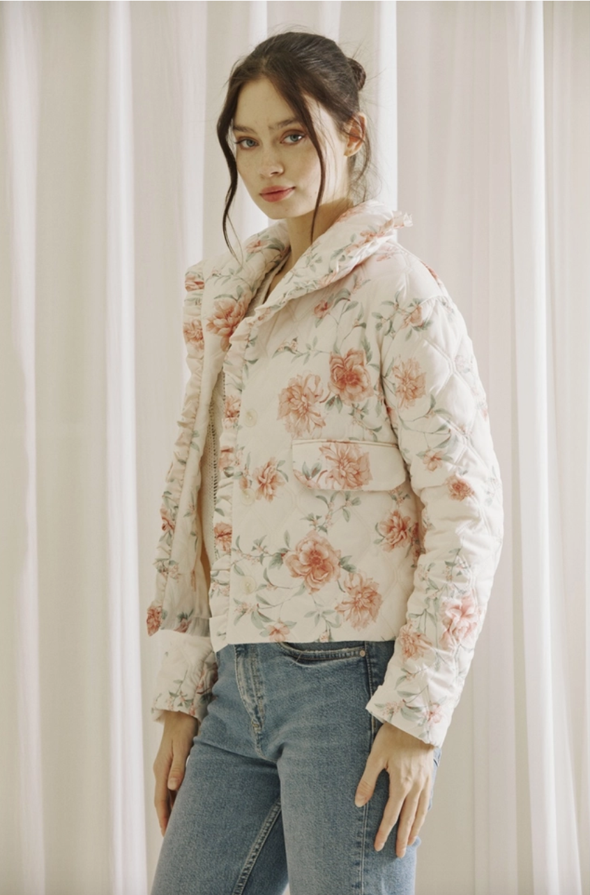 Pastel Rose Floral Print Quilted Puff Jacket