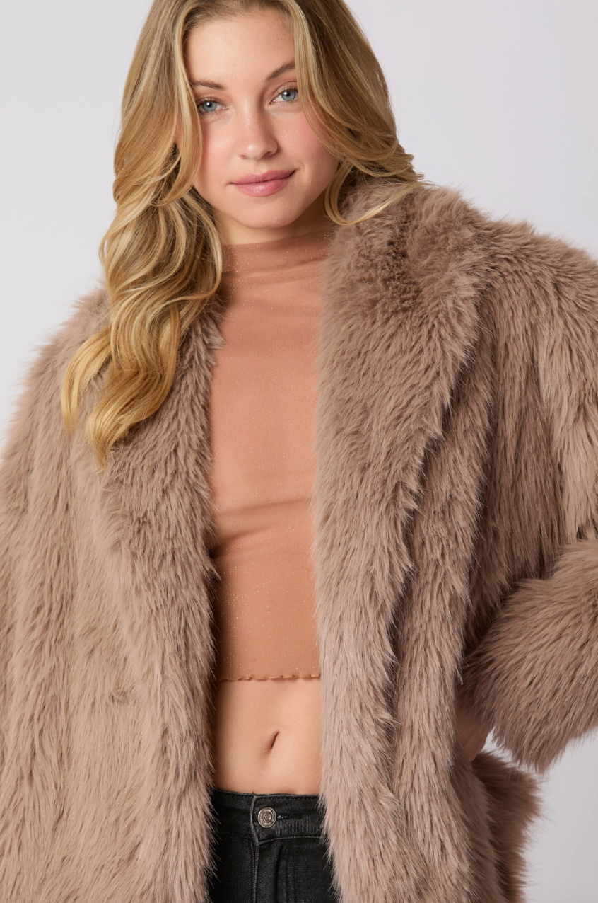 Brown Fur Front-Open Oversized Long Sleeve Jacket