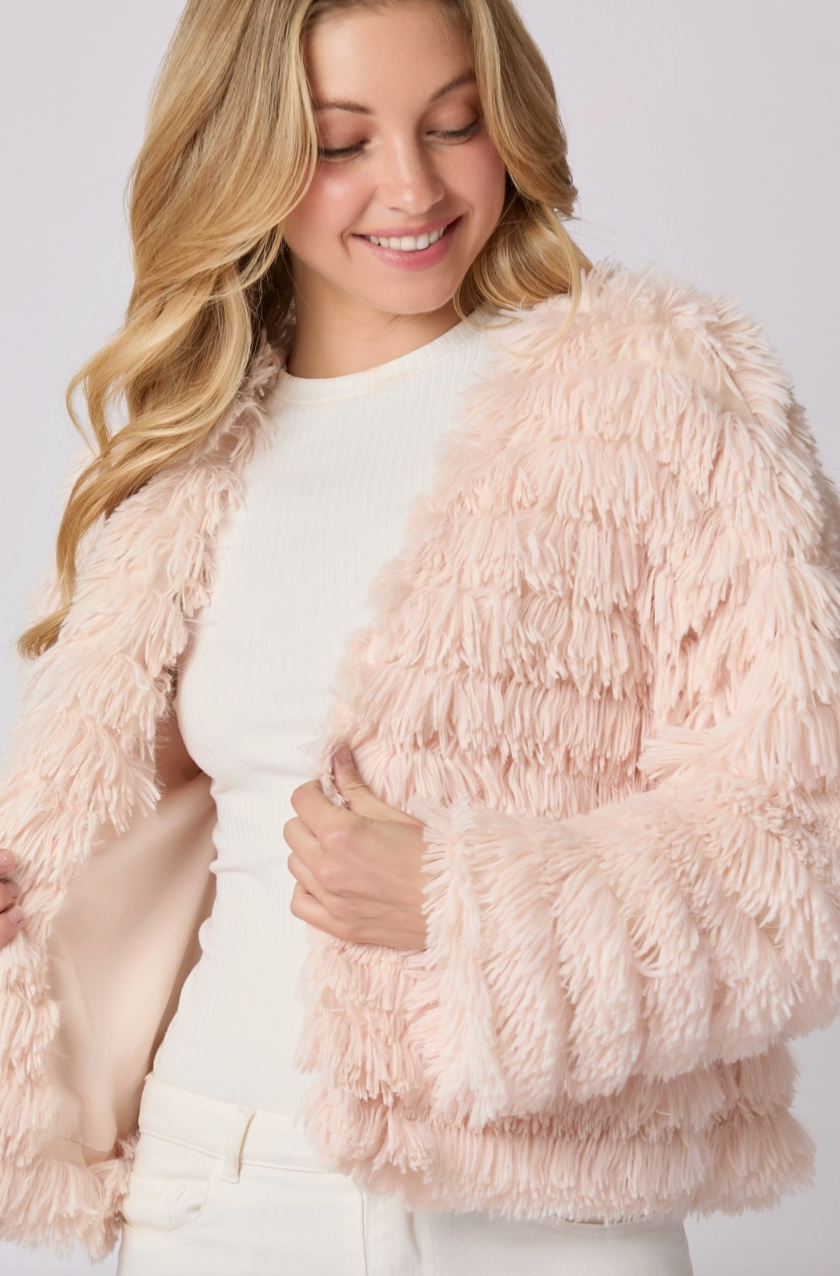 Pink Front Open Long Sleeve Fur cardigan