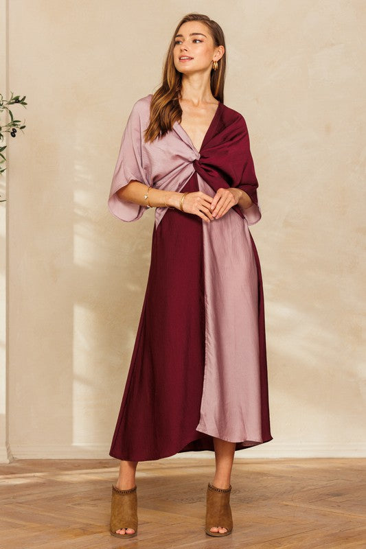 Satin Color Block Dress Burgundy/Mauve