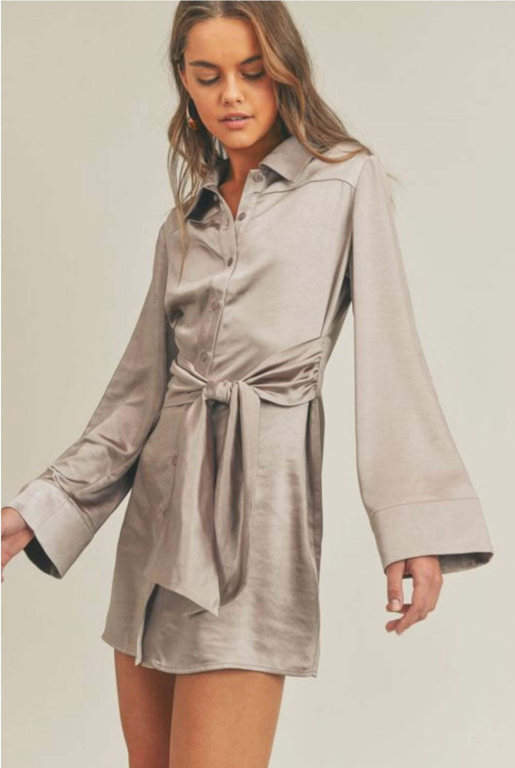 Satin Waist Tie Shirt Dress