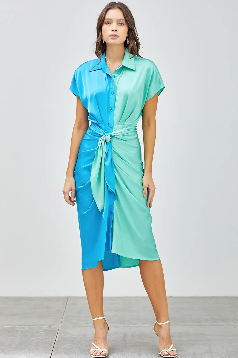 Blue and Green Front Tie Dress