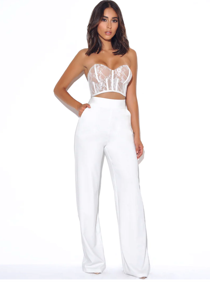 Never Enough White Stretch Crepe Wide Leg Trousers