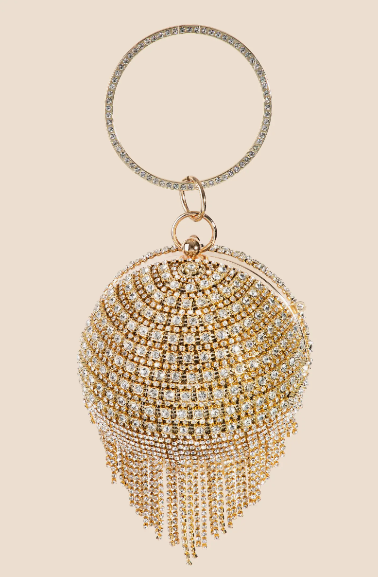 Gold Rhinestone Fringe Sphere Clutch