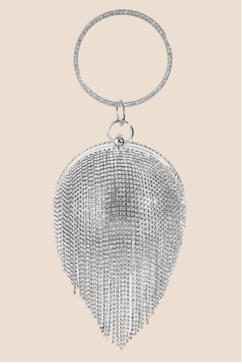 Silver Rhinestone Fringe Sphere Clutch Bag